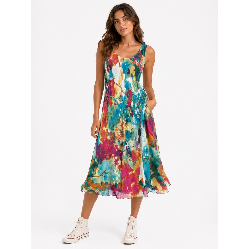 Caeliann Pleated Dress Womens Small Multicolor Abstract Floral Scoop Neck Summer